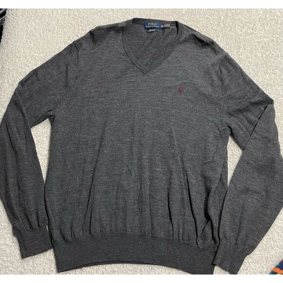Polo Ralph Lauren Sweater Merino Wool Mens XXL Custom Fit Gray V Neck Knit